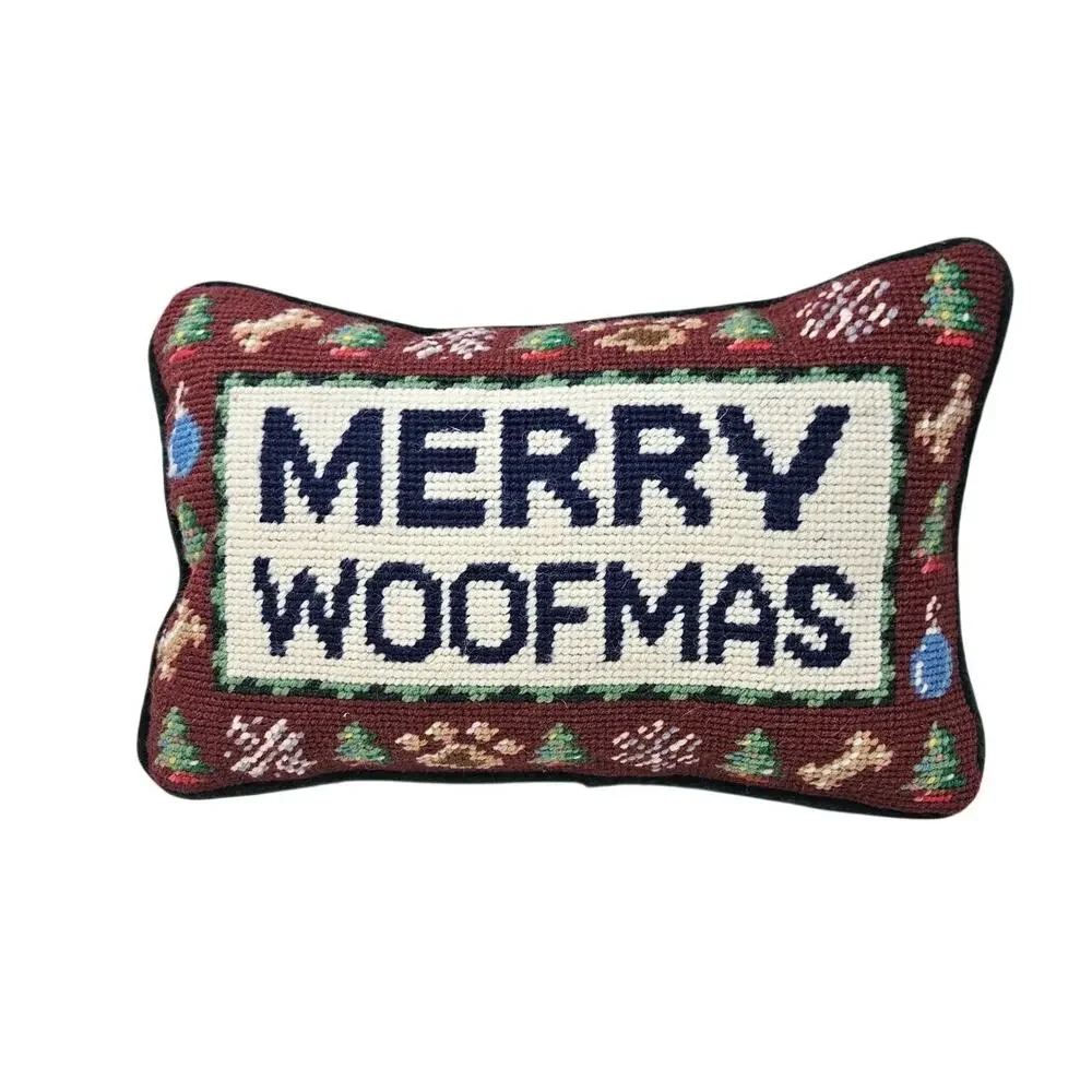 Furbish Merry Woofmas Dog Christmas Throw Pillow Needlepoint Retro Vintage